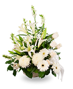 Basket arrangement of mixed white flowers Basket arrangement of mixed white flowers